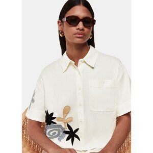 WHISTLES Women's Applique Linen Blend Shirt Size 8 In Ivory